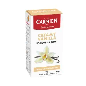Delicious creamy vanilla rooibos tea bags, perfect for a soothing tea experience with natural vanilla flavor, ideal for tea lovers seeking a calming beverage.