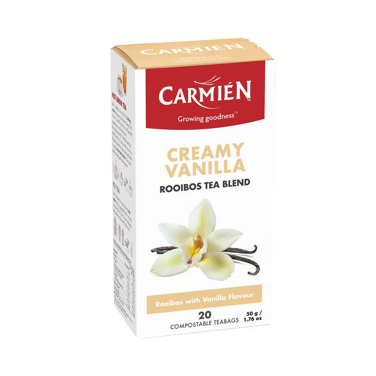 Delicious creamy vanilla rooibos tea bags, perfect for a soothing tea experience with natural vanilla flavor, ideal for tea lovers seeking a calming beverage.
