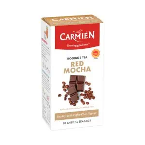 Box of Carmién Red Mocha Rooibos Tea with coffee-flavored rooibos, caffeine-free, ideal for a soothing beverage. Perfect for tea lovers seeking a rich, chocolatey taste.