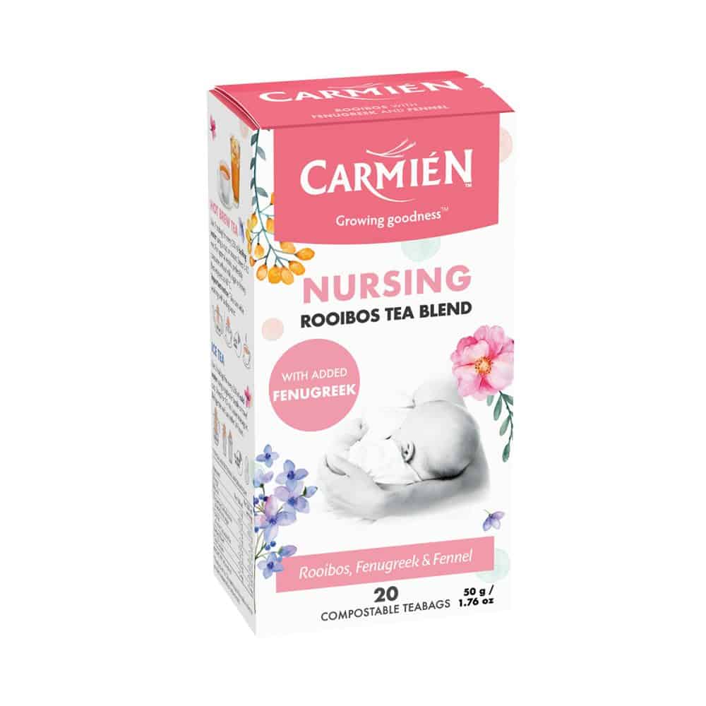 Carmién Nursing tea box featuring fenugreek and fennel, designed for nursing mothers, with 20 compostable teabags for natural support.