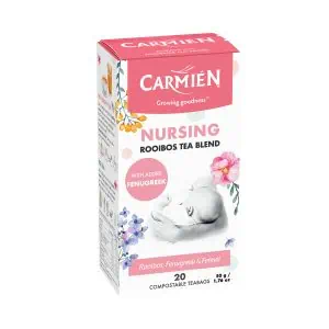 Carmién Nursing tea box featuring fenugreek and fennel, designed for nursing mothers, with 20 compostable teabags for natural support.