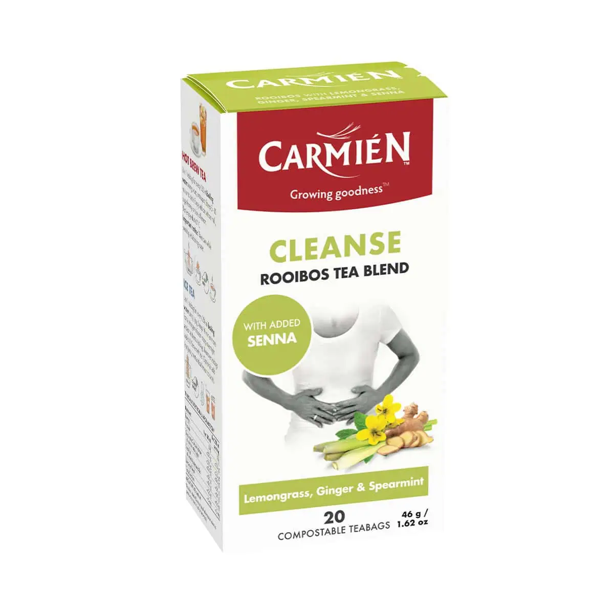 Enhance your detox with Carmién's Senna tea blend, designed for cleansing and digestion. Perfect for a natural detox, featuring lemongrass, ginger, and spearmint for a refreshing taste.