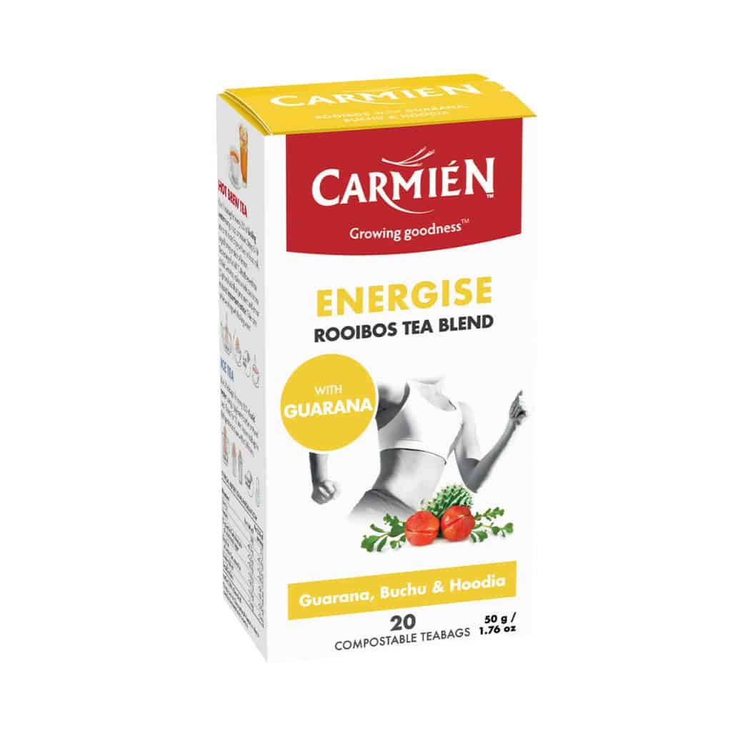 Carmién Energise Rooibos Tea with Guarana, 20 teabags, natural herbal infusion for energy boost, caffeine-rich blend of Guarana, Buchu & Hoodia, ideal for revitalising your day.