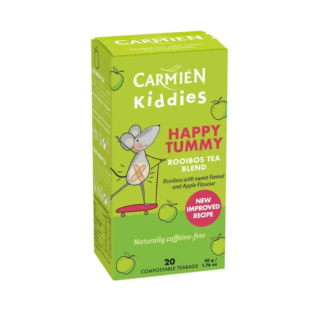Bright green box of Carmién Kiddies Happy Tummy Rooibos tea with apple and fennel flavor, designed for children’s digestion, featuring a cute mouse illustration.