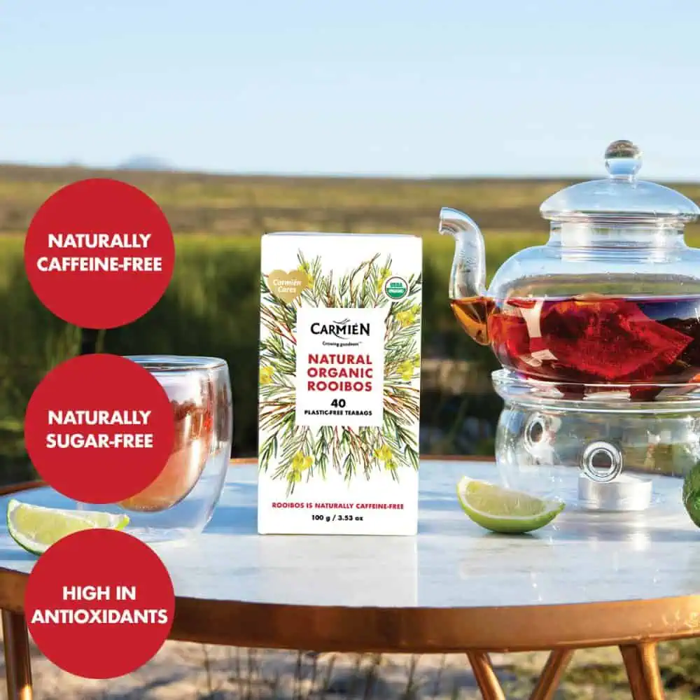 Organic Rooibos Tea, caffeine-free, sugar-free, rich in antioxidants, 40 tea bags. Perfect for a healthy, natural beverage.