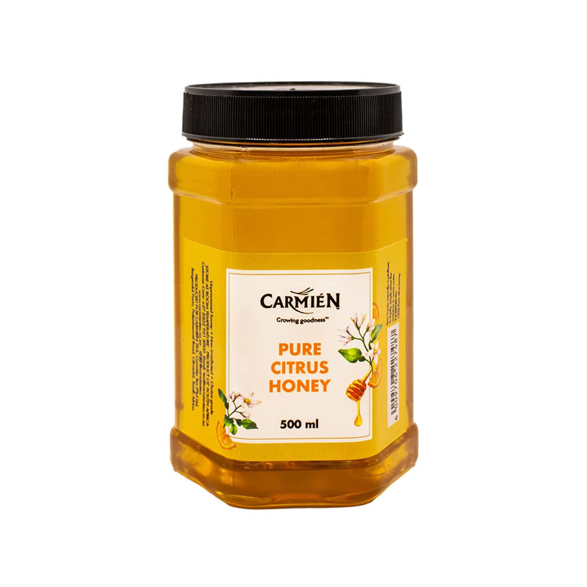 Rich, golden jar of Carmién Pure Citrus Honey featuring a black screw cap, highlighting natural lemon and orange blossom flavor, crafted by South African farmers for authentic, healthy honey.