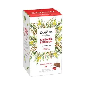 Organic Rooibos tea in pyramid bags, naturally caffeine-free, from Carmién Tea.