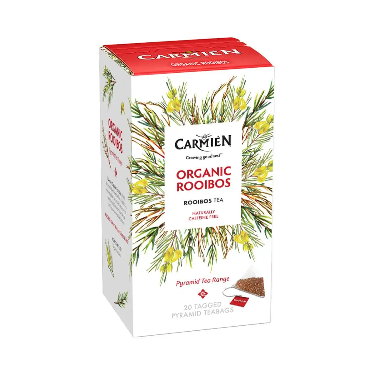 Organic Rooibos tea in pyramid bags, naturally caffeine-free, from Carmién Tea.
