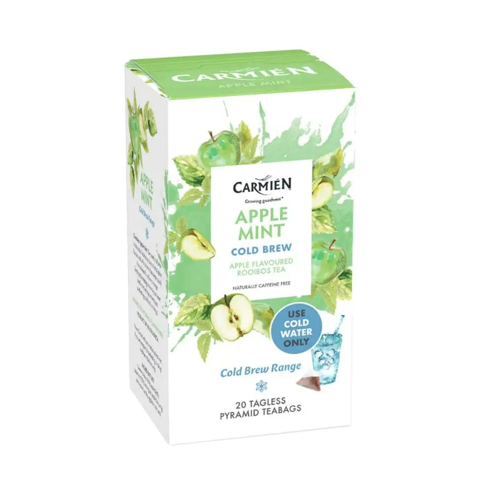 Refreshing Apple Mint Cold Brew Rooibos Tea in pyramid tea bags.