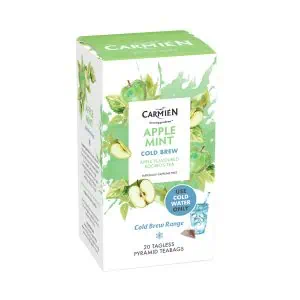 Refreshing Apple Mint Cold Brew Rooibos Tea in pyramid tea bags.