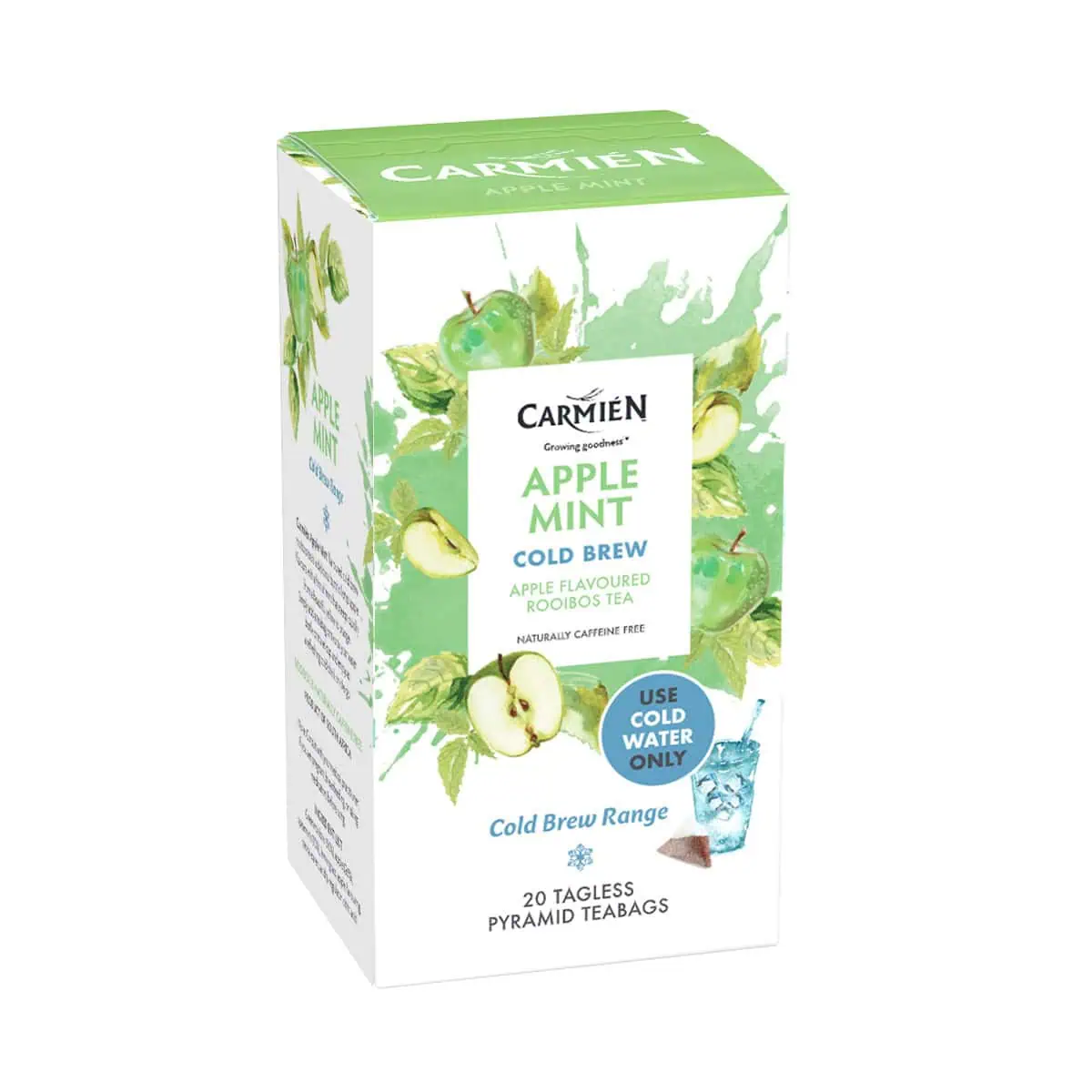 Refreshing Apple Mint Cold Brew Rooibos Tea in pyramid tea bags.