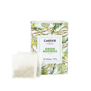 Green Rooibos herbal tea in disposable tea bags, featuring a natural bushveld botanical design on the packaging, ideal for healthy South African tea lovers.