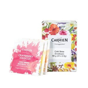 Carmién Tea Cold Brew Envelopes with floral packaging, ideal for rooibos tea lovers seeking convenient, high-quality rooibos tea blends.
