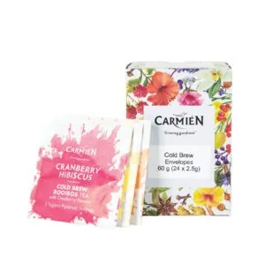 Carmién Tea Cold Brew Envelopes with floral packaging, ideal for rooibos tea lovers seeking convenient, high-quality rooibos tea blends.
