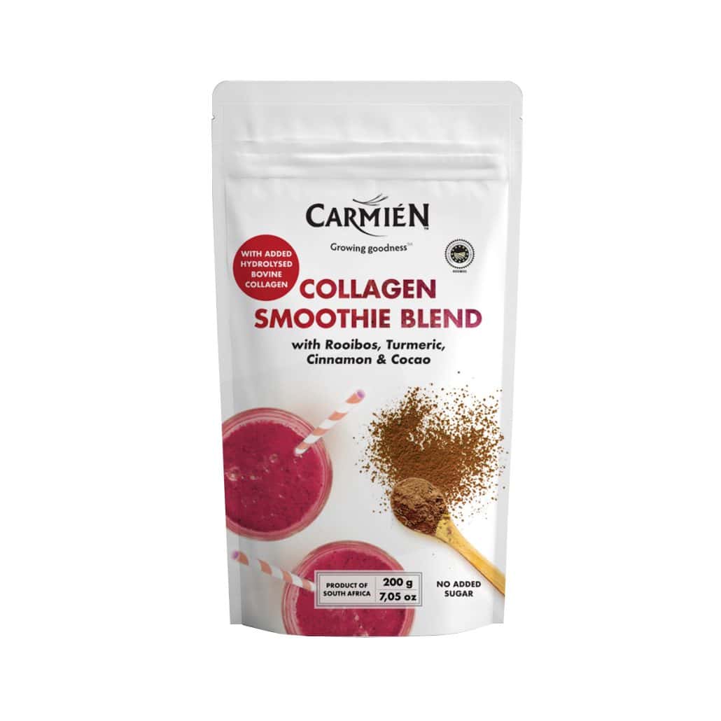 Rich red Carmién Tea Collagen Smoothie Blend with Rooibos, Turmeric, Cinnamon & Cocoa for healthy skin and antioxidants. Perfect for a nutritious, flavourful superfood drink.