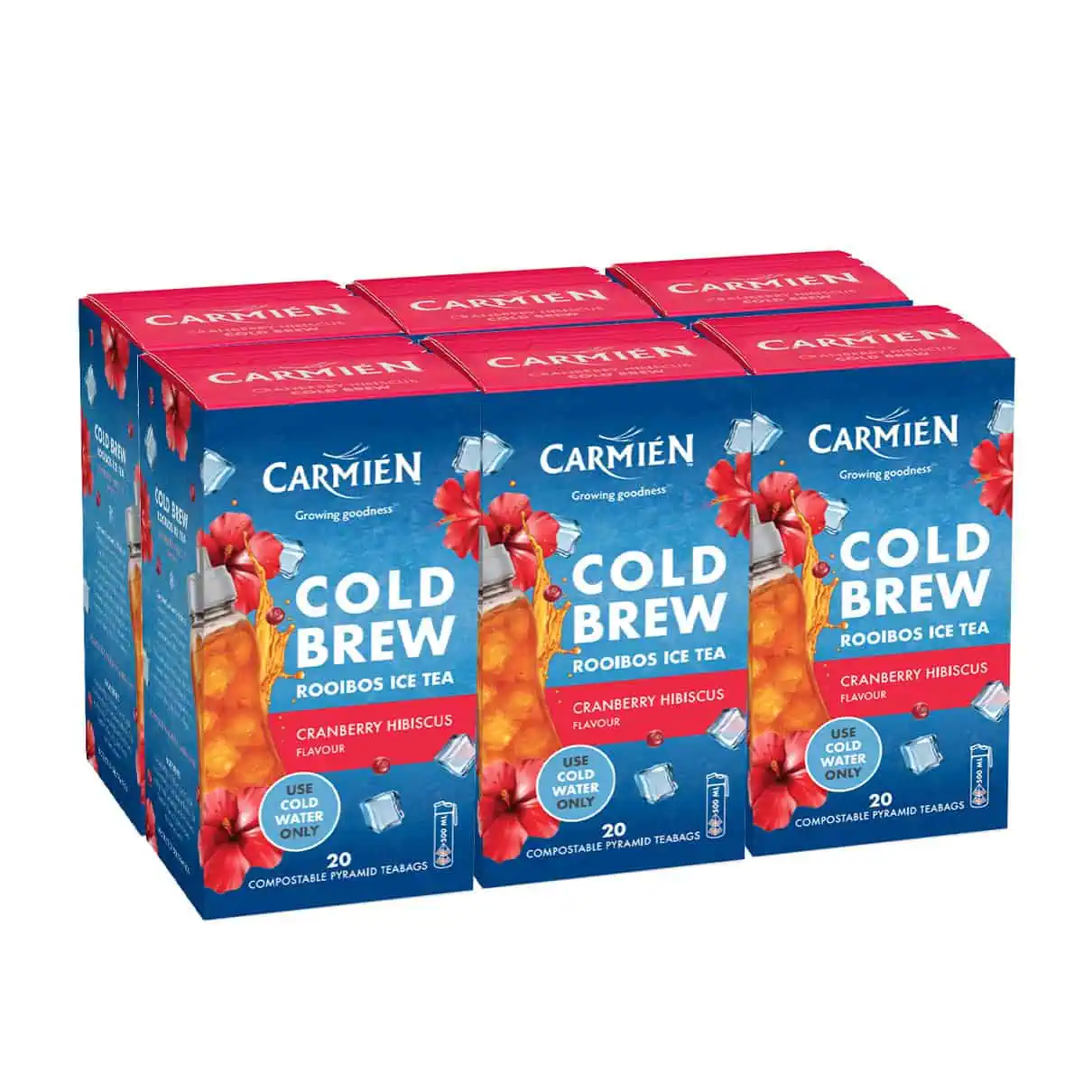 Cranberry Hibiscus Cold Brew Tea multi-pack with 6 x 20 teabags, featuring vibrant packaging with hibiscus flowers and cranberries, ideal for refreshing iced tea.