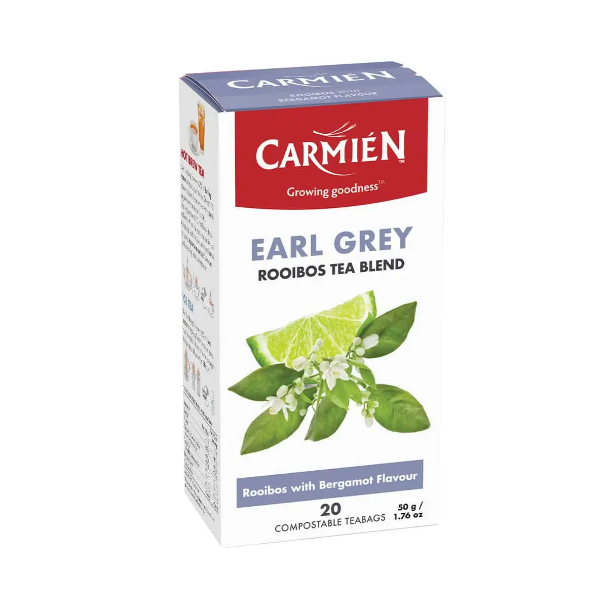Carmién Earl Grey Citrus Rooibos tea in biodegradable teabags with bergamot and citrus flavor, 20 count, perfect for a refreshing, aromatic tea experience.