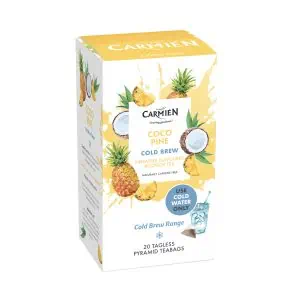 Carmién Coco Pine Cold Brew Rooibos Tea with pineapple flavor, 20 pyramid teabags, made from natural ingredients, caffeine-free, ideal for refreshing cold brews.
