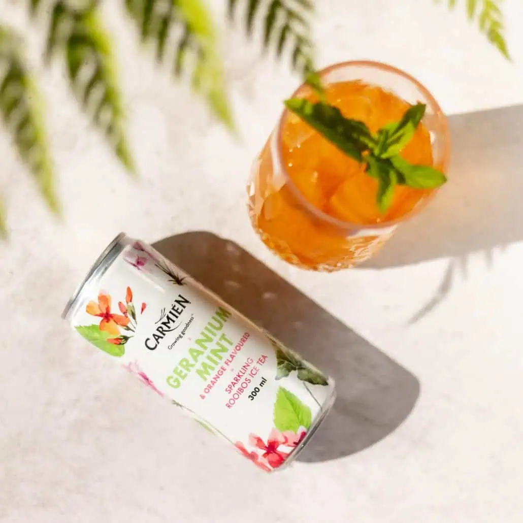 Refreshing Carmién Geranium Mint Rooibos ice tea in a glass garnished with fresh mint leaves, served cold. Real rooibos tea blended with natural geranium and mint for a revitalising, health-boosting beverage.