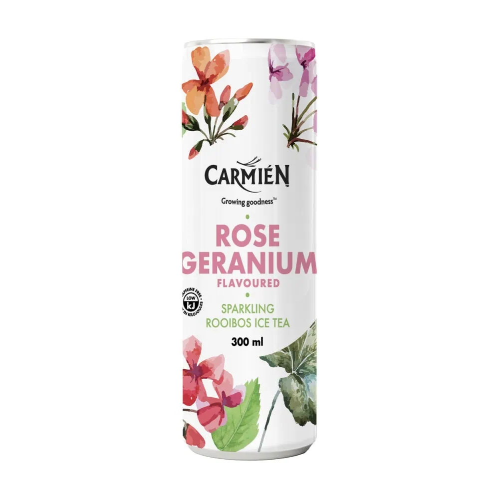 Refreshing Rose Geranium flavoured sparkling rooibos ice tea in a 300ml can, perfect for a cooling, natural beverage experience.