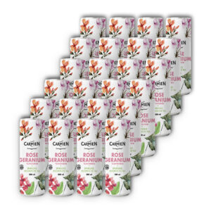 Carmién Rose Geranium sparkling ice tea cans, refreshing herbal beverage with natural rose geranium flavor, perfect for hot days and health-conscious consumers.