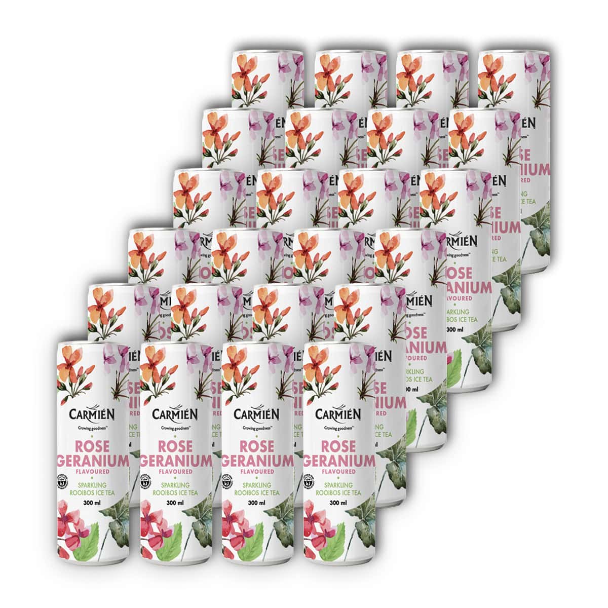 Carmién Rose Geranium sparkling ice tea cans, refreshing herbal beverage with natural rose geranium flavor, perfect for hot days and health-conscious consumers.