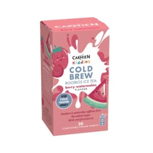 Carmién Kids Berry Watermelon Rooibos Cold Brew Tea box with watermelon and berry illustrations, ideal for children’s healthy iced tea drinks.