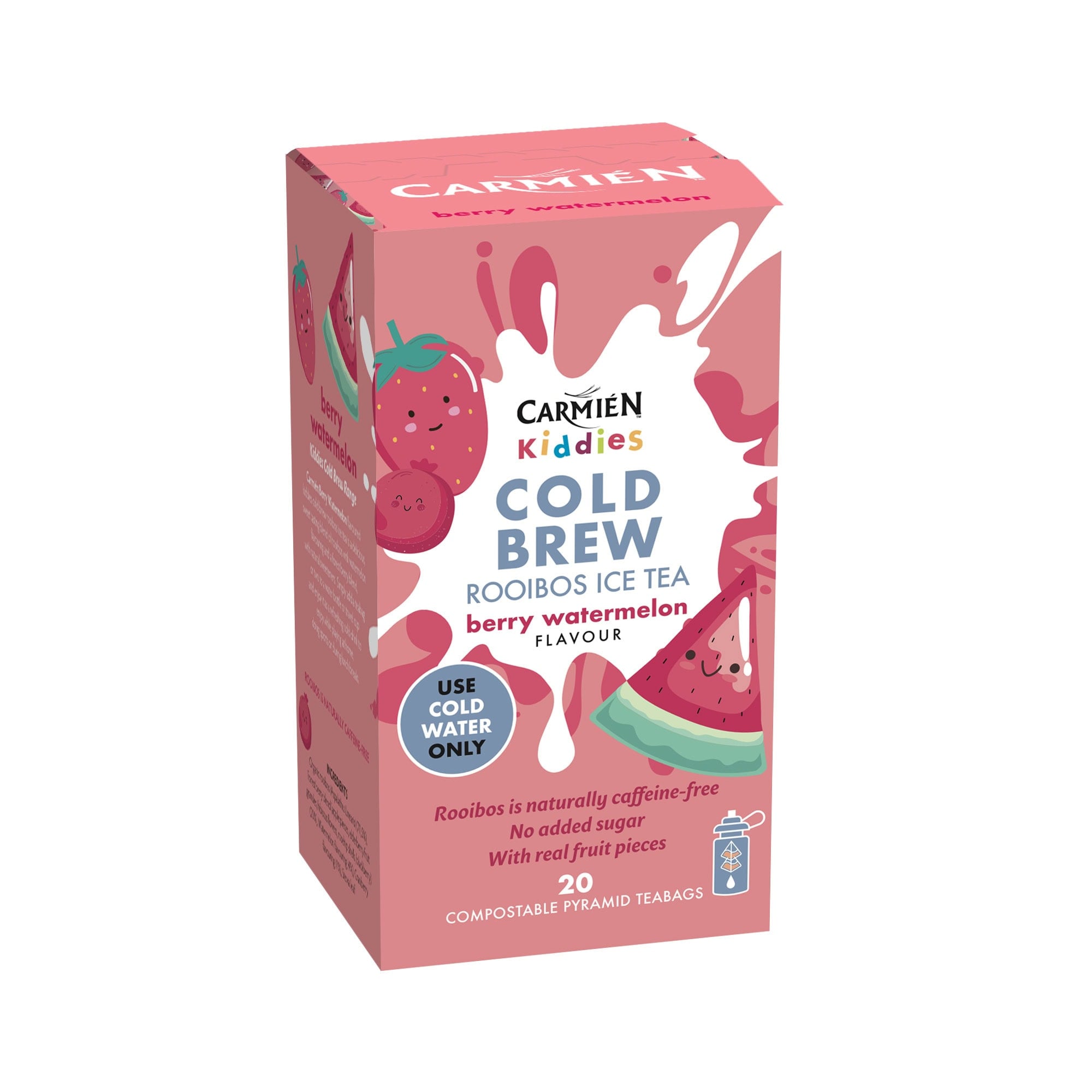 Carmién Kids Berry Watermelon Rooibos Cold Brew Tea box with watermelon and berry illustrations, ideal for children’s healthy iced tea drinks.
