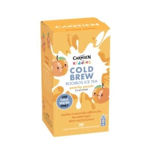 Carmién Tea Peachy Peach Kiddies Cold Brew Tea box featuring rooibos tea with peach flavor, ideal for e-commerce sales of rooibos tea blends.