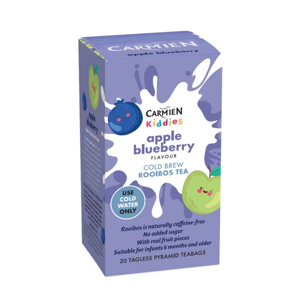 Carmién Tea Apple Blueberry Kiddies Cold Brew Tea with real fruit pieces, caffeine-free rooibos, and no added sugar, ideal for children 6 months and older.