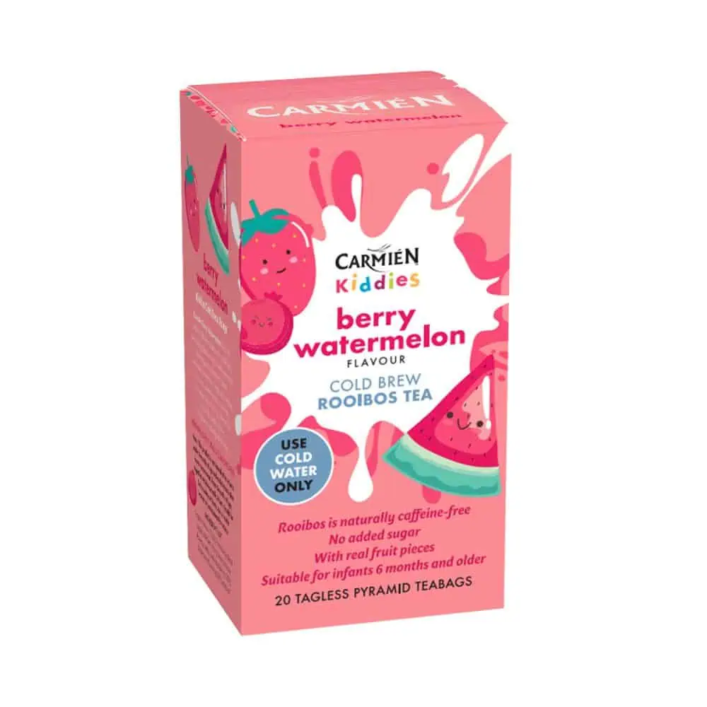Bright pink packaging featuring illustrations of berries and watermelon slices, promoting a fun and healthy cold brew tea for kids.