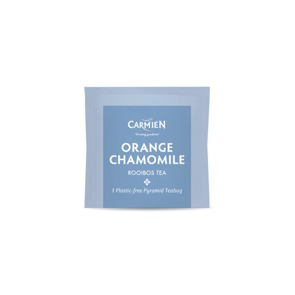 Delicious Orange Camomile Rooibos tea in eco-friendly pyramid teabags, perfect for a soothing herbal infusion.
