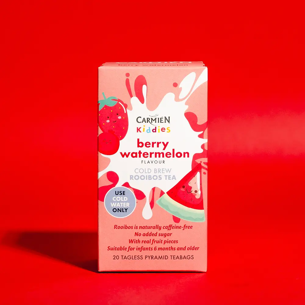 Carmién Berry Watermelon flavoured kiddies cold brew rooibos tea is a delicious, sweet tasting blend of Rooibos with Watermelon flavouring and a Forest berry blend.