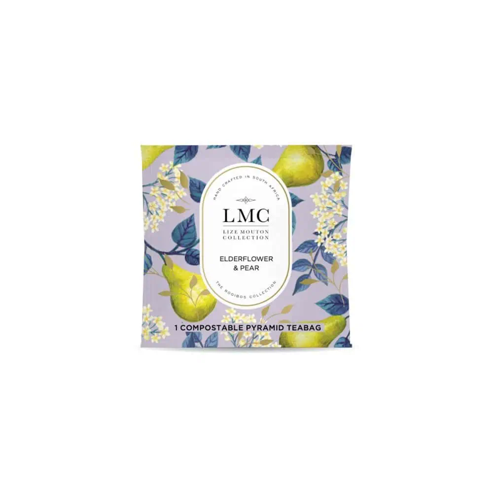 Delicious pear and elderflower tea in eco-friendly pyramid teabags, crafted with natural ingredients for a refreshing, aromatic tea experience. Perfect for tea lovers seeking quality and sustainabilit.