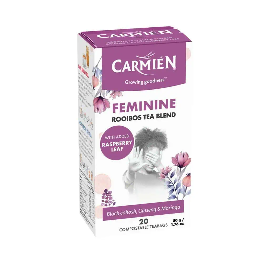 Rich in Raspberry Leaf for Feminine Wellness, Carmién Rooibos Tea Blend.