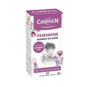 Rich in Raspberry Leaf for Feminine Wellness, Carmién Rooibos Tea Blend.
