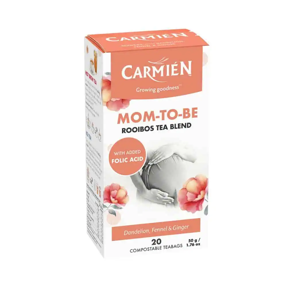 Carmién Mom-To-Be Rooibos Tea with Folic Acid for pregnancy support, featuring dandelion, fennel, and ginger. Perfect for expectant mothers seeking natural wellness and nutritional benefits.