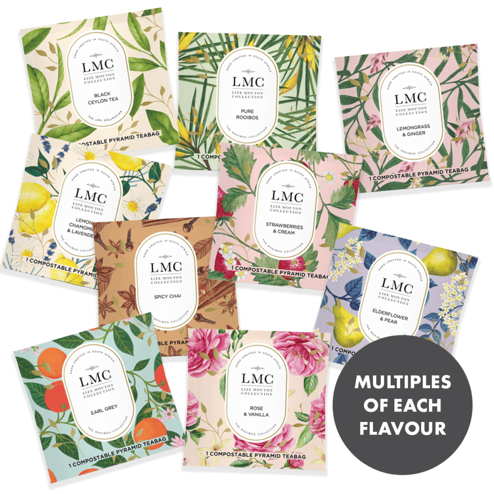 Assorted Carmién Rooibos tea pyramid bags with various flavors including lemon, ginger, and vanilla, showcasing eco-friendly packaging for premium rooibos tea lovers.
