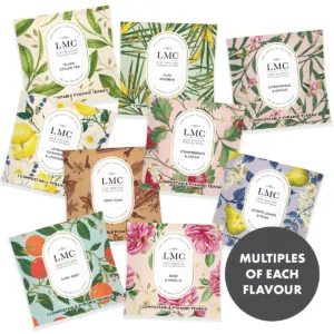 Assorted Carmién Rooibos tea pyramid bags with various flavors including lemon, ginger, and vanilla, showcasing eco-friendly packaging for premium rooibos tea lovers.