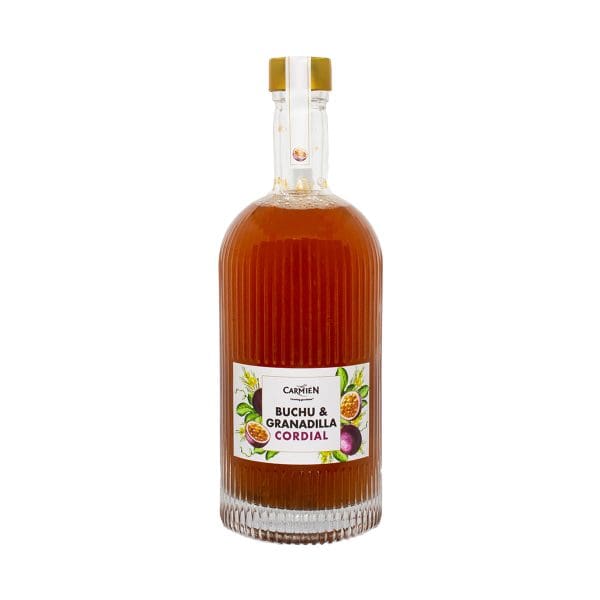 Rich Red Buchu and Granadilla Cordial in a stylish glass bottle with a ribbed design and a gold cap for authentic South African herbal flavor.