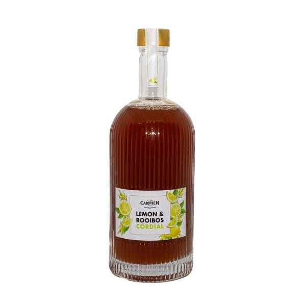 Refreshing Lemon & Rooibos Cordial in a clear ribbed glass bottle, highlighting the natural ingredients and vibrant citrus flavor, perfect for healthy, revitalizing beverages.
