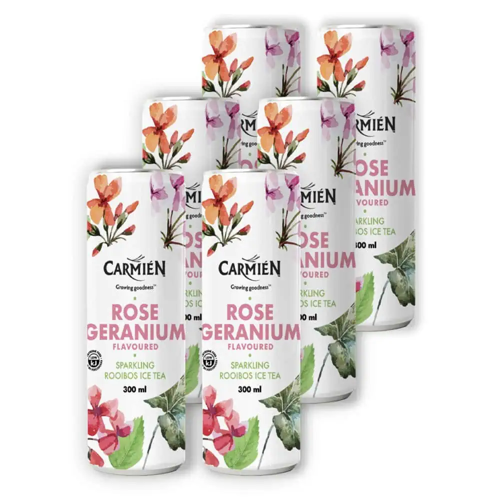 Rose Geranium Sparkling Ice Tea with natural floral flavors, refreshing and aromatic, perfect for a cooling beverage. Crafted with quality ingredients for a delightful taste experience.
