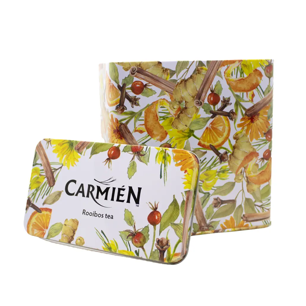 Vibrant Carmién Rooibos tea packaging featuring natural herbal illustrations, perfect for health-conscious consumers seeking authentic South African herbal teas.