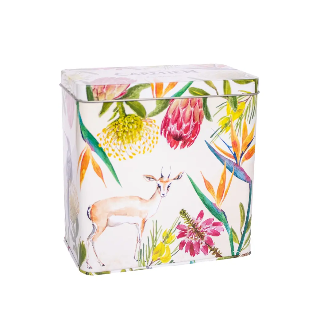 Vibrant floral and botanical design on Carmién Tea packaging featuring indigenous South African plants and a springbok illustration, highlighting natural, herbal tea products.