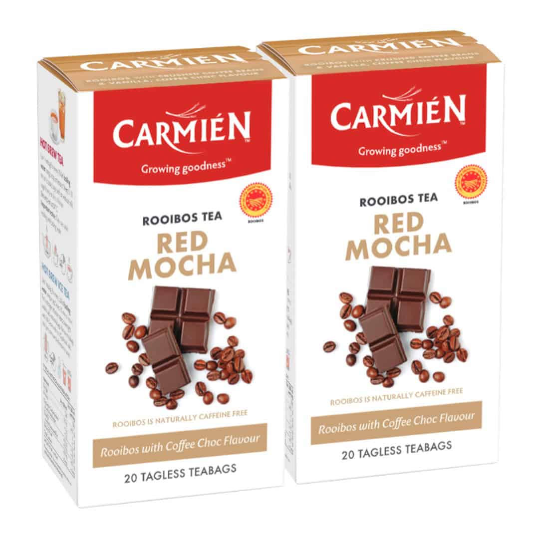 Rich chocolate and coffee-flavoured rooibos tea packaging, featuring the Carmién brand logo and tea description.
