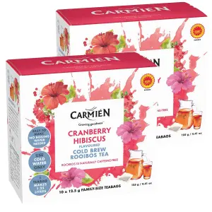 Carmién Cranberry Hibiscus Cold Brew Rooibos Tea - Caffeine-Free, Flavoured herbal tea with hibiscus and cranberry, easy to prepare with cold water, perfect for refreshing summer beverages.
