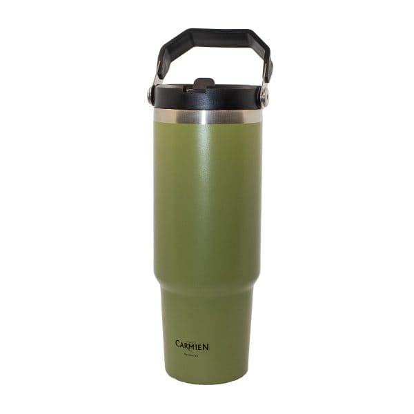 Stainless steel insulated mug with Carmién Tea branding in green and black, ideal for enjoying rooibos tea on the go.