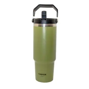 Eco-friendly green insulated tea tumbler featuring Carmién Tea logo, perfect for enjoying Rooibos tea on the go. Reusable, stylish, and durable for tea lovers and health-conscious consumers.