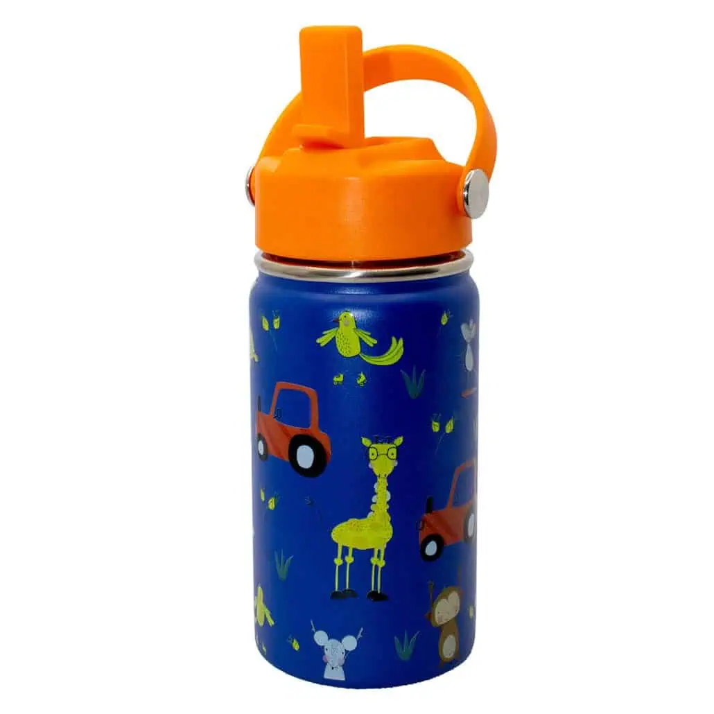 Bright blue children's water bottle featuring playful animal and vehicle illustrations, with an orange sports cap perfect for outdoor activities and staying hydrated.