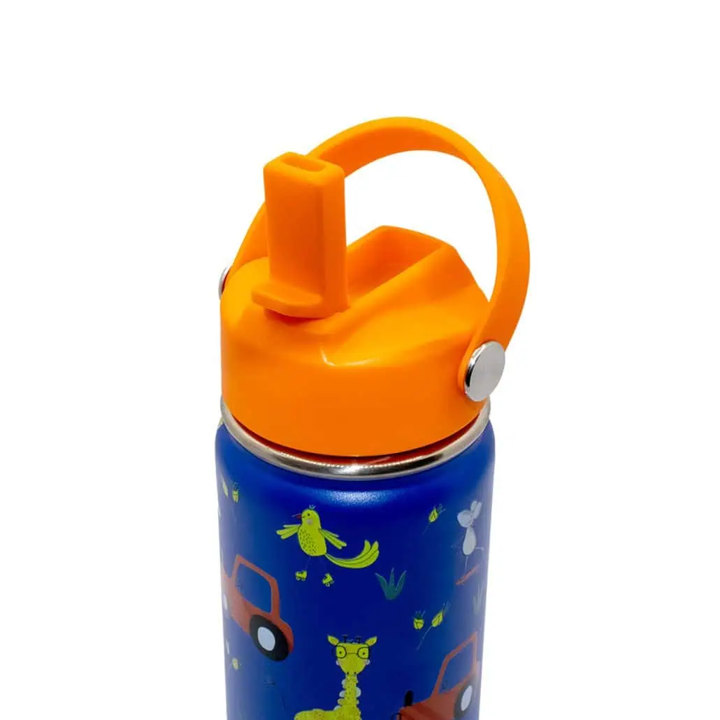 Bright orange and blue children's water bottle with playful animal and vehicle illustrations, featuring a leak-proof spout and easy-to-carry handle, perfect for kids on the go.